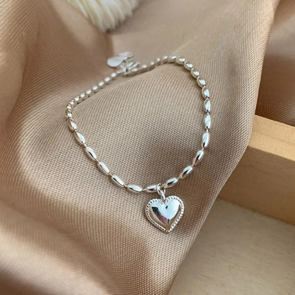 925 Sterling Silver Dainty Beaded Heart Bracelet - Picture 1 of 9